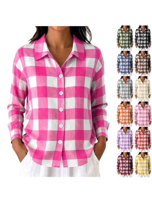 Womens Plaid Button Down Shirts Jacket Dressy Long Sleeve Collared Blouse Wrinkle Free Oversized Shackets Easy Care for Fall Office Daily Wear, Hot Pink, L