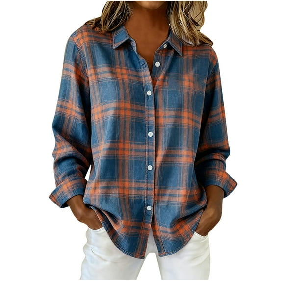 Womens Plaid Button Up Shirts Long Sleeve Lapel Collar Blouses Checkered Loose Casual Holiday Christmas Outfits (L, Blue)