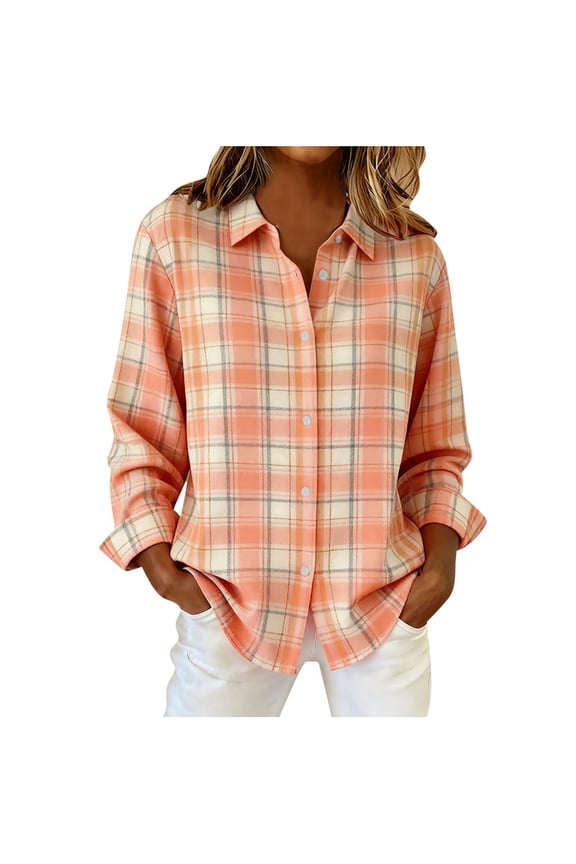 Womens Plaid Button Up Shirts Long Sleeve Lapel Collar Blouses Checkered Loose Casual Holiday Christmas Outfits (XL, Orange)