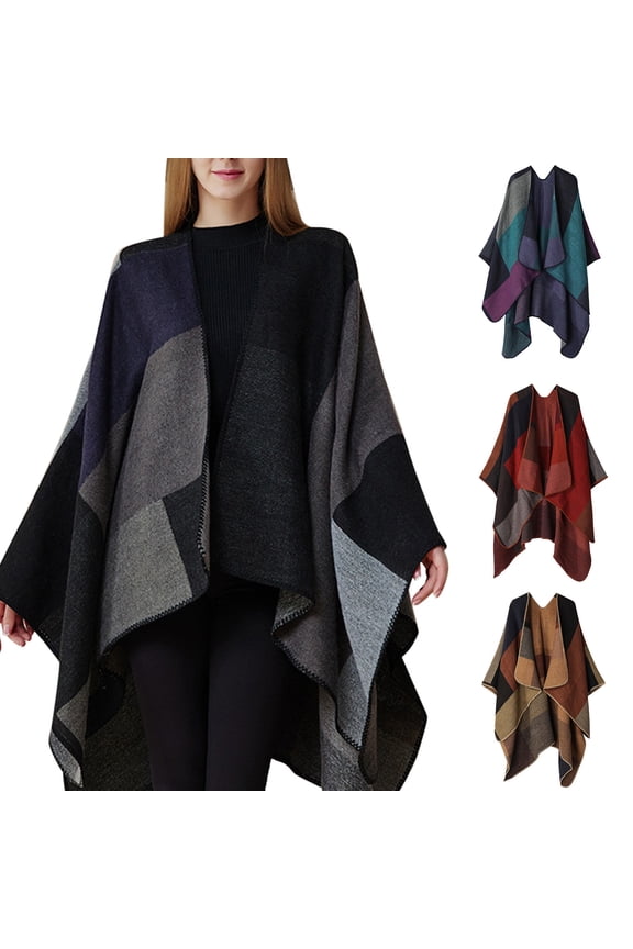 Womens Plaid Cape Poncho with Open Front Design Oversized Knit Wrap for Fall and Winter Layering