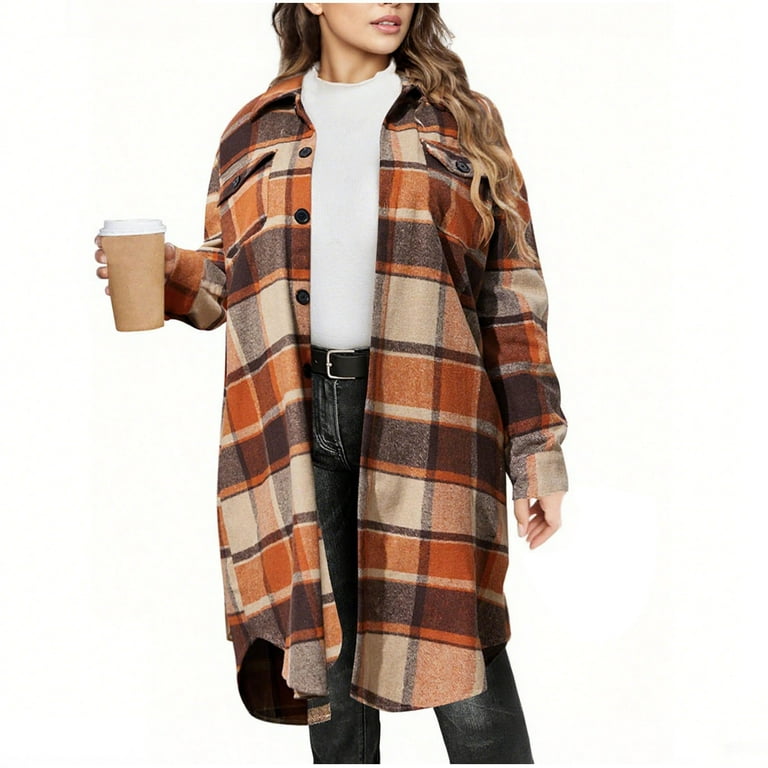 Womens Plaid Coats Plus Size Flannel Shacket Jacket with Button