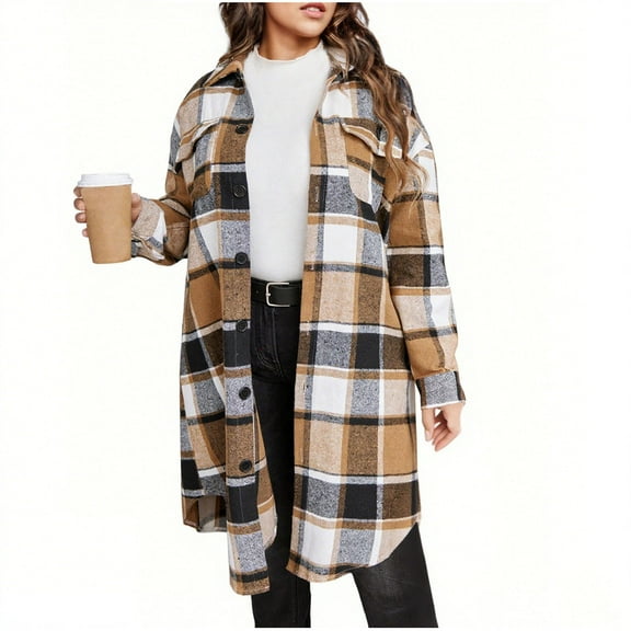 Womens Plaid Coats Plus Size Flannel Shacket Jacket with Button and Pockets Casual Lapel Long Sleeve Fall Tartan Winter Trench Long Outerwear