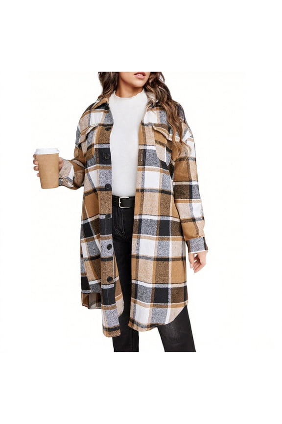 Womens Plaid Coats Plus Size Flannel Shacket Jacket with Button and Pockets Casual Lapel Long Sleeve Fall Tartan Winter Trench Long Outerwear