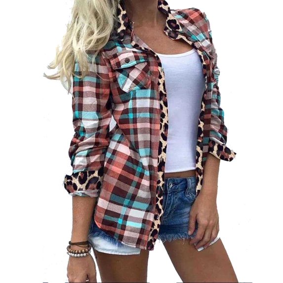 Womens Plaid Color Shirts Fashion Multicolor Matching Pockets Buttons Cardigan Tops Loose Long Sleeve Tunic Blouse