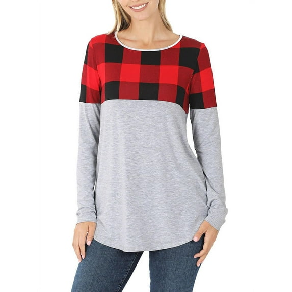 Womens Plaid Colorblock Long Sleeve Shirt