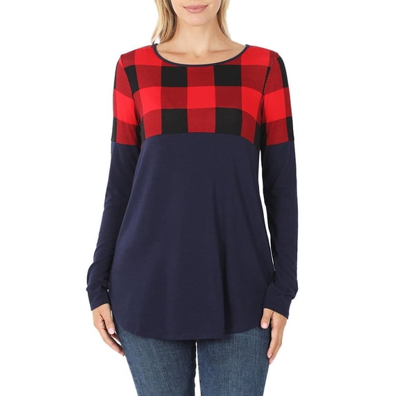 Womens Plaid Colorblock Long Sleeve Shirt