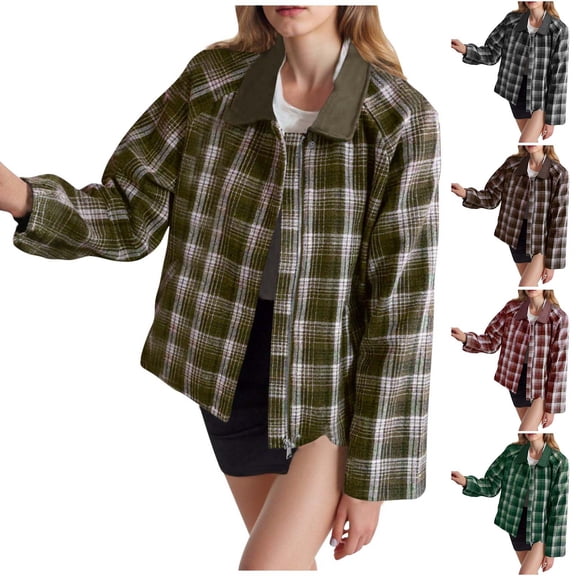 Womens Plaid Cropped Jackets Lightweight Full Zip Up Lapel Coat Loose Casual Shacket Short Jacket with Pockets