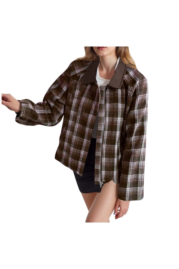 Womens Plaid Cropped Jackets Lightweight Full Zip Up Lapel Coat Loose Casual Shacket Short Jacket with Pockets