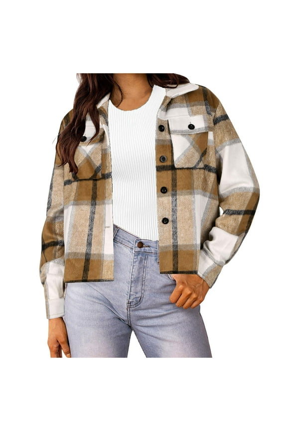 Womens Plaid Cropped Shacket Fashion Lapel Button Down Shirts Jacket Long Sleeve Fall Cardigan Coat with Pocket