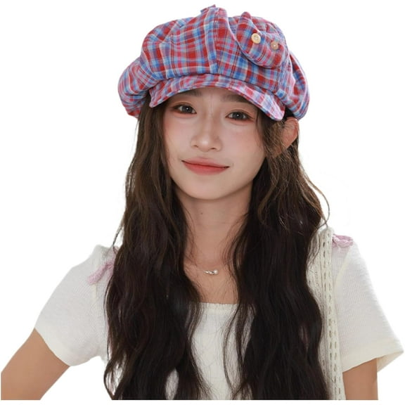 Womens Plaid Cute Cat Newsboy Hat Cotton Vintage Cabbie Cap Summer 2000s Beret Accessories
