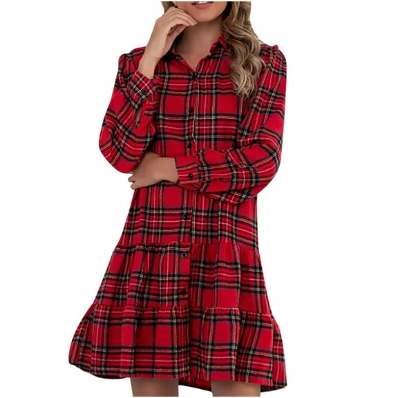 Womens Plaid Dress 2024 Fashion Single Breasted Light Plaid Jacket Pocket Long Sleeve Ruffle A Line Shirt Dress