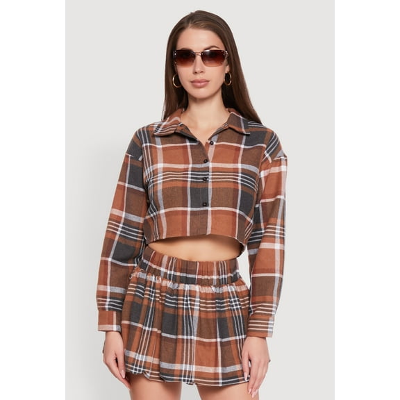 Womens Plaid Flannel Cropped Long Sleeve Shirt