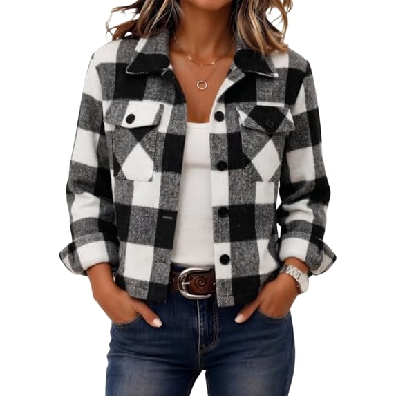 Womens Plaid Flannel Shacket Button Front Lapel Collar Long Sleeve Cropped Jacket with Chest Pockets S