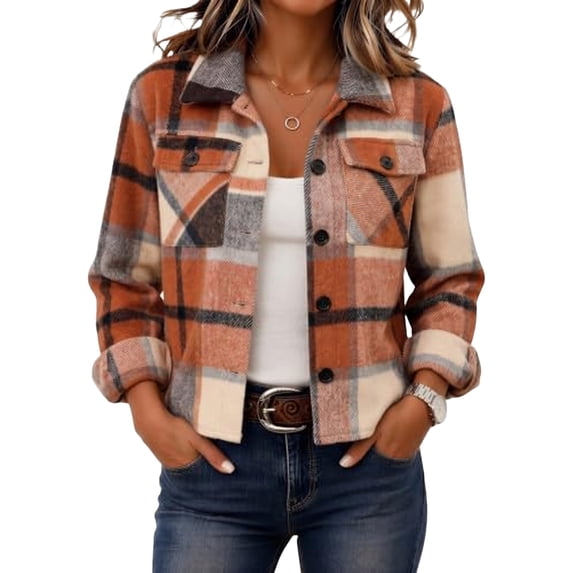 Womens Plaid Flannel Shacket Button Front Lapel Collar Long Sleeve Cropped Jacket with Chest Pockets XL