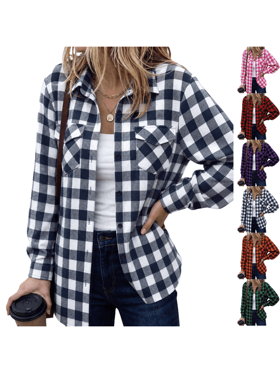 Womens Plaid Flannel Shirt Long Sleeve Top Casual Button Down BlouseFlannel Plaid Shirt,Loose Fit Blouse,Business Casual,Fashion Fall Western Shacket Jacket Navy M