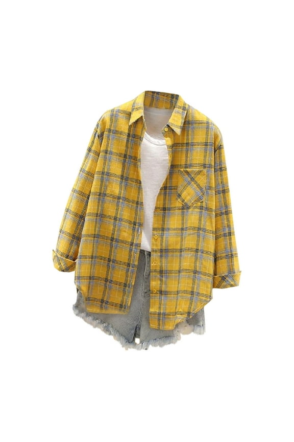 Womens Plaid Flannel Shirt - Womens Plaid Long Sleeve Button up Shirts - Women’s Flannel Tops - Fall Jackets Casual Loose Blouses with Pocket