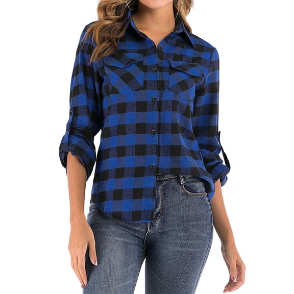 Womens Plaid Flannel Shirts Casual Roll Up Long Sleeve Boyfriend Button Down Checkered Shirt Blue-Black S