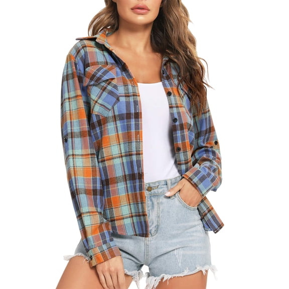 Womens Plaid Flannel Shirts Casual Roll Up Long Sleeve Boyfriend Button Down Checkered Shirt Blue, Orange, Green L