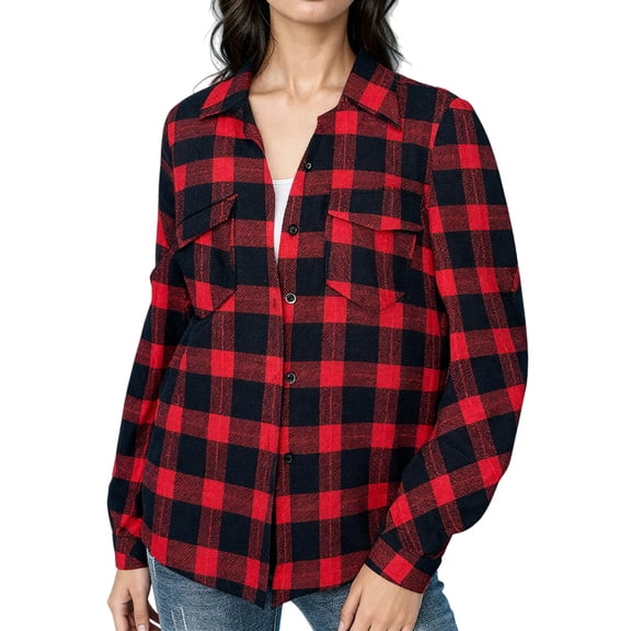 Womens Plaid Flannel Shirts Casual Roll Up Long Sleeve Boyfriend Button Down Checkered Shirt Navy Red XL