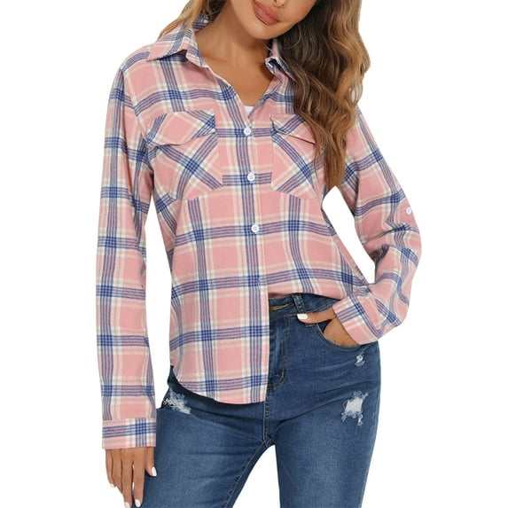 Womens Plaid Flannel Shirts Casual Roll Up Long Sleeve Boyfriend Button ...