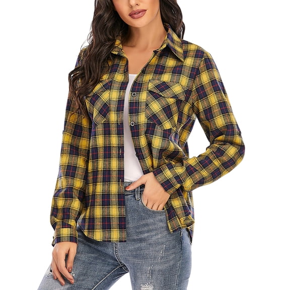 Womens Plaid Flannel Shirts Casual Roll Up Long Sleeve Boyfriend Button Down Checkered Shirt Yellow & Blue XL