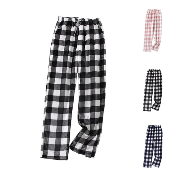 Womens Plaid Fluffy Pajama Pants Fuzzy Fleece Cozy Lounge Pants with Pockets Winter Warm Pj Bottoms,Black M