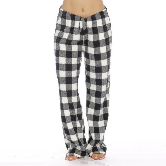 Womens Plaid Fluffy Pajama Pants Fuzzy Fleece Cozy Lounge Pants with Pockets Winter Warm Pj Bottoms Gray M