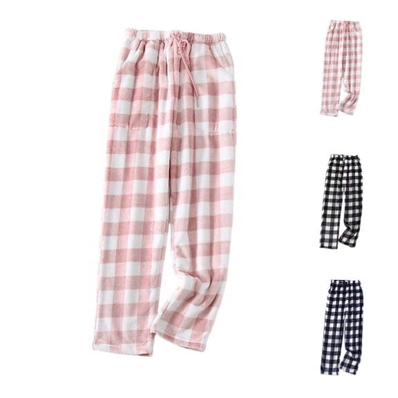 Womens Plaid Fluffy Pajama Pants Fuzzy Fleece Cozy Lounge Pants with Pockets Winter Warm Pj Bottoms,Pink M