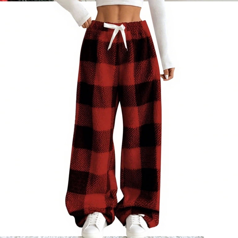 christmas plaid dress pants women's Red Buffalo Plaid Women Pajamas Pants, Black Check Christmas Xmas Satin PJ Funny Pockets Trousers Couples Matching Ladies Trousers Bottoms