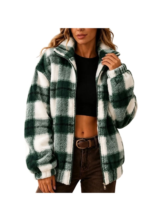 Womens Plaid Fuzzy Fleece Zip Up Jacket Oversized Stand Collar Sherpa Jacket Loose Fit Warm Plush Outerwear for Fall Winter
