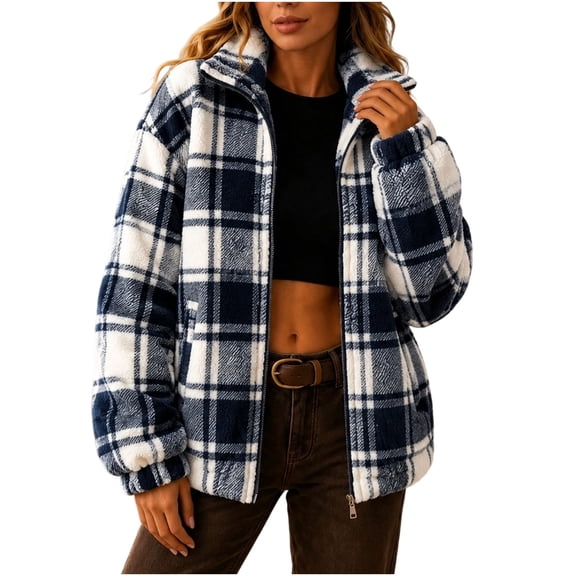 Womens Plaid Fuzzy Fleece Zip Up Jacket Oversized Stand Collar Sherpa Jacket Loose Fit Warm Plush Outerwear for Fall Winter