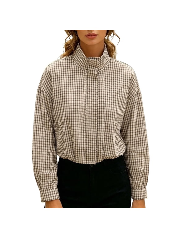 Womens Plaid Gingham Bomber Jacket Zip Up High Neck Drawstring Casual Lightweight Streetwear Hem Windbreaker Coats Khaki XS-L