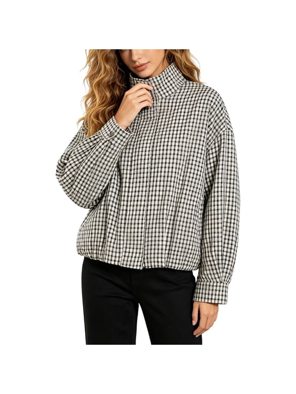 Womens Plaid Gingham Bomber Jacket Zip Up High Neck Drawstring Casual Lightweight Streetwear Hem Windbreaker Coats White XS-L