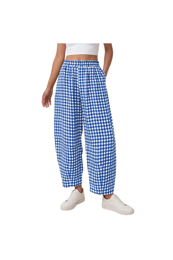 Womens Plaid Harem Pants Baggy Trendy Casual Elastic Waist Trousers Wide Leg Balloon Lounge Pants with Pockets Blue M