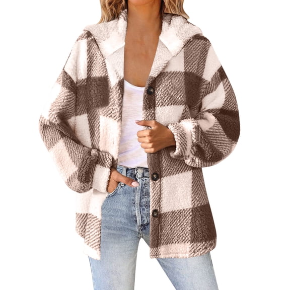Womens Plaid Hooded Jackets, Long Sleeve Button Shirts, Soft Warm Fuzzy Jacket Trendy Warm Teddy Coats Long Winter Coats for Women Khaki 3XL