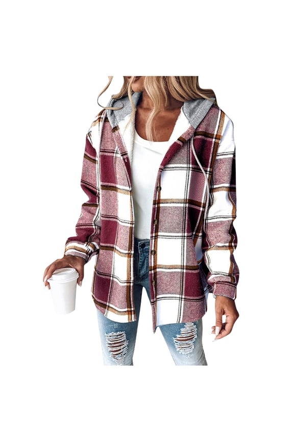 Womens Plaid Hooded Shirt Drawstring Flannel Sweatshirt Hoodie Jacket Casual Button Down Blouse Tops with Pockets