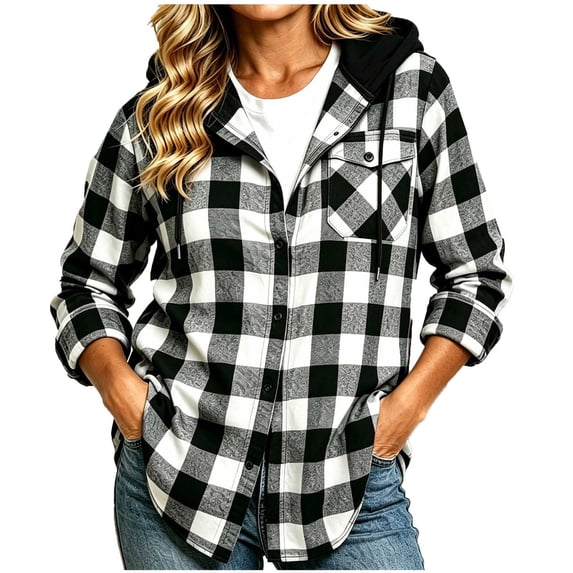 Womens Plaid Hoodie Fall Fashion Button Down Flannel Sweatshirt Long Sleeve Drawstring Hooded Lightweight Checked Shacket