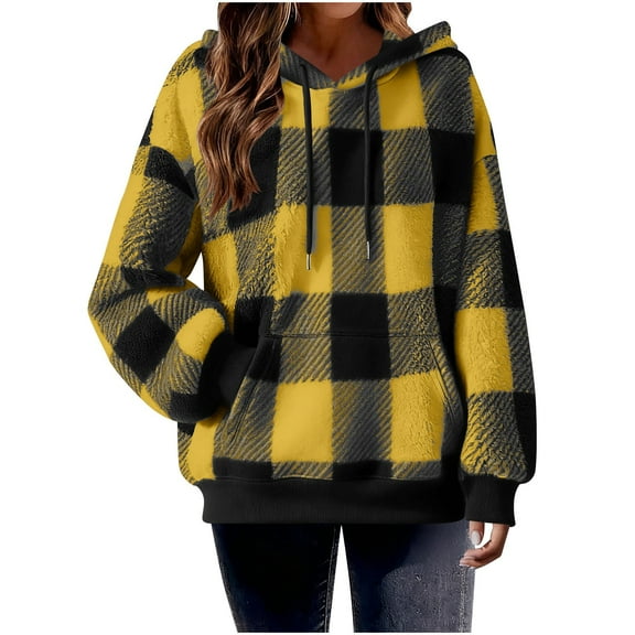 Womens Plaid Hoodies Sweatshirt Long Sleeve Hooded Fleece Pullover Fall Winter Fuzzy Loungewear Tops with Pocket