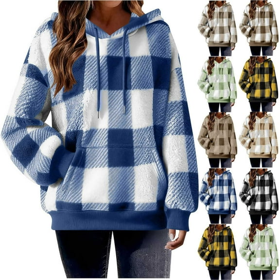Womens Plaid Hoodies Sweatshirt Long Sleeve Hooded Fleece Pullover Fall Winter Fuzzy Loungewear Tops with Pocket