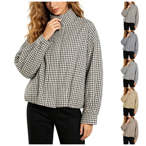 Womens Plaid Jacket Bomber Stand Collar Zip Up Coat with Pockets