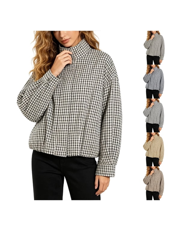 Womens Plaid Jacket Bomber Stand Collar Zip Up Coat with Pockets