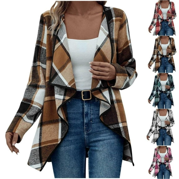 Womens Plaid Jacket Coffee Long Sleeved Hooded Checkered Sleeveless Hooded Casual Outfits Clothes with Hooded XL