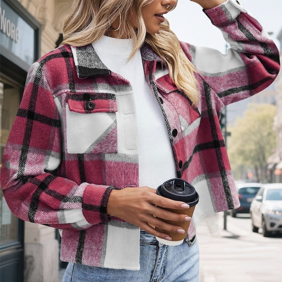 Womens Plaid Jacket Flannels for Women Cropped Shacket Jacket Fashion Plaid Button Down Shirt 2025 Fall Coat Tops