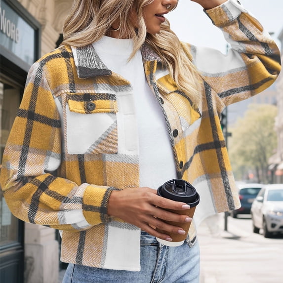 Womens Plaid Jacket Flannels for Women Cropped Shacket Jacket Fashion Plaid Button Down Shirt 2025 Fall Coat Tops