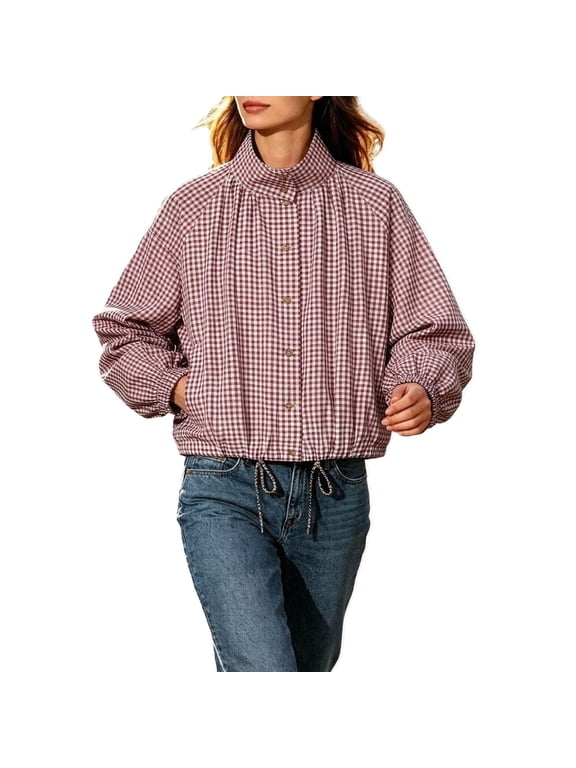 Womens Plaid Jacket Funnel Neck Lightweight Cropped Button Up Jacket Oversized Drawstring Hem Bomber Jacket (Red L)