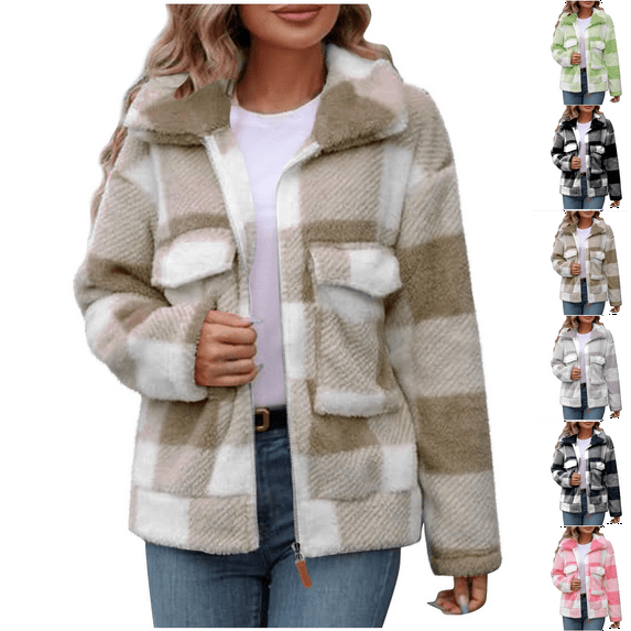 Womens Plaid Jacket Khaki Woman Winter Pockets Zipper Lapel Long Sleeve Blouse Coat XL