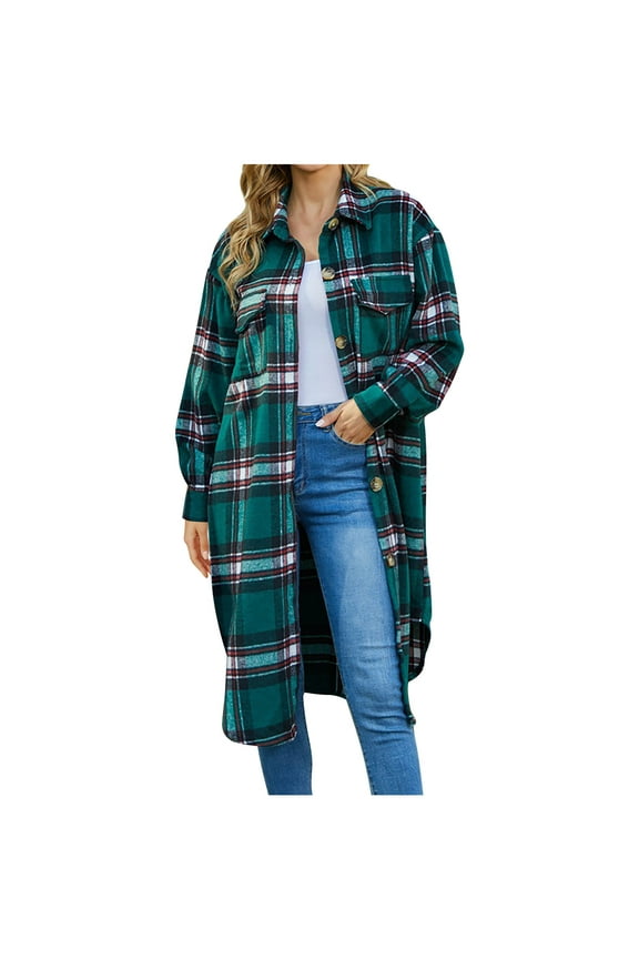 Womens Plaid Jacket Long Corduroy Shacket Plus Size Casual Lapel Button Down Flannel Trench Coats with Pockets (Green L)