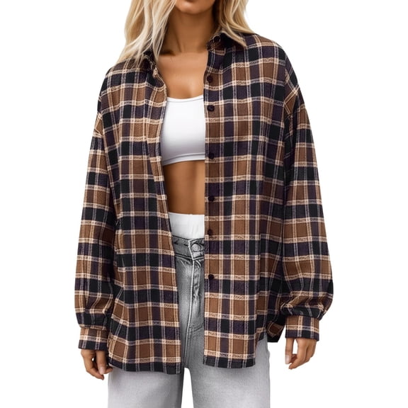 Womens Plaid Jacket Long Sleeve Button Down Brown Shacket Jacket Loose Fit Casual Fall Winter Warm Womens Plaid Coat