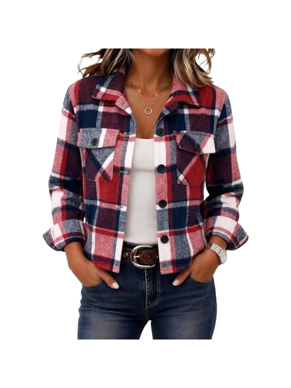 Womens Plaid Jacket Long Sleeve Button Down Cropped Shacket Casual Collared Top Double Chest Pockets Gingham Shirt Jacket