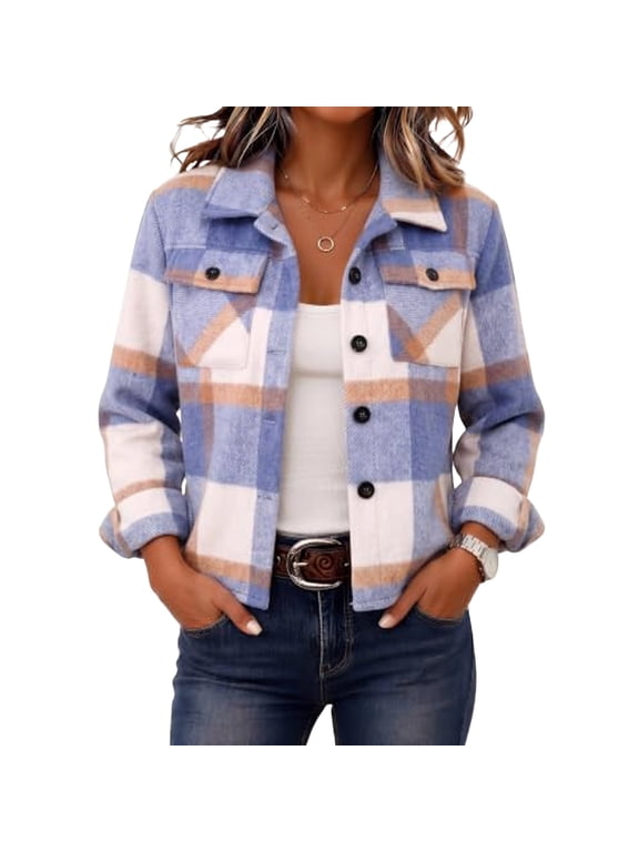 Womens Plaid Jacket Long Sleeve Button Down Cropped Shacket Casual Collared Top Double Chest Pockets Gingham Shirt Jacket